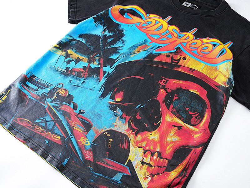 Godspeed Washed Black Skull Racing Graphic T-Shirt — detail