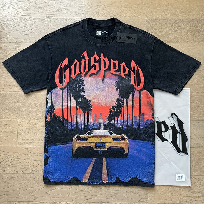 Godspeed Washed Black Car & Palm Graphic T-Shirt — context