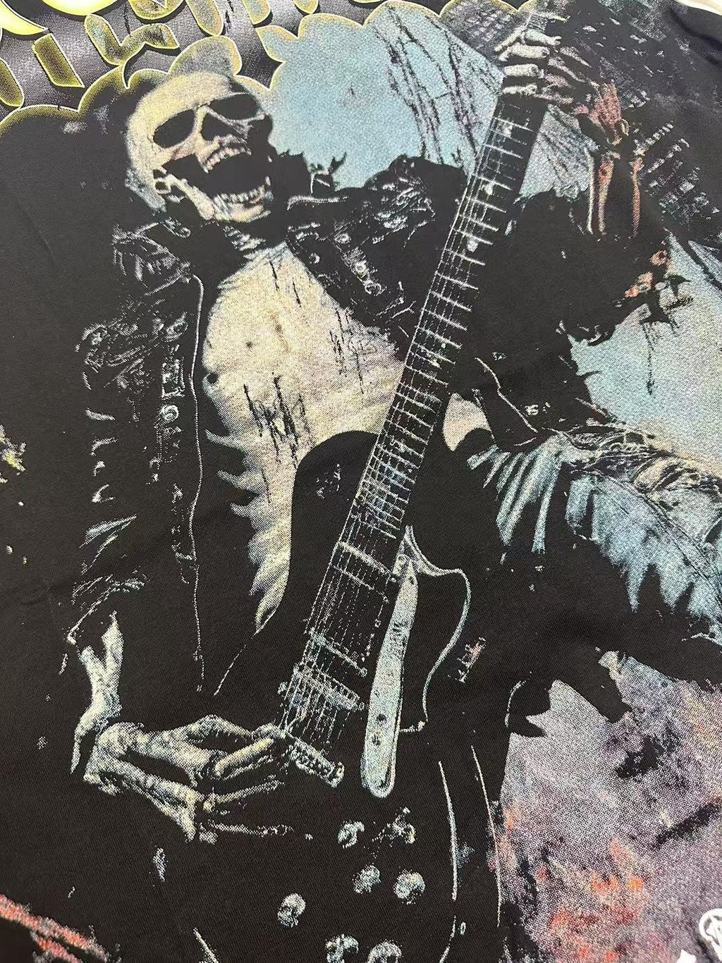 Godspeed Death Before Dishonor Skeleton Guitar Short-Sleeve T-Shirt — fabric_closeup