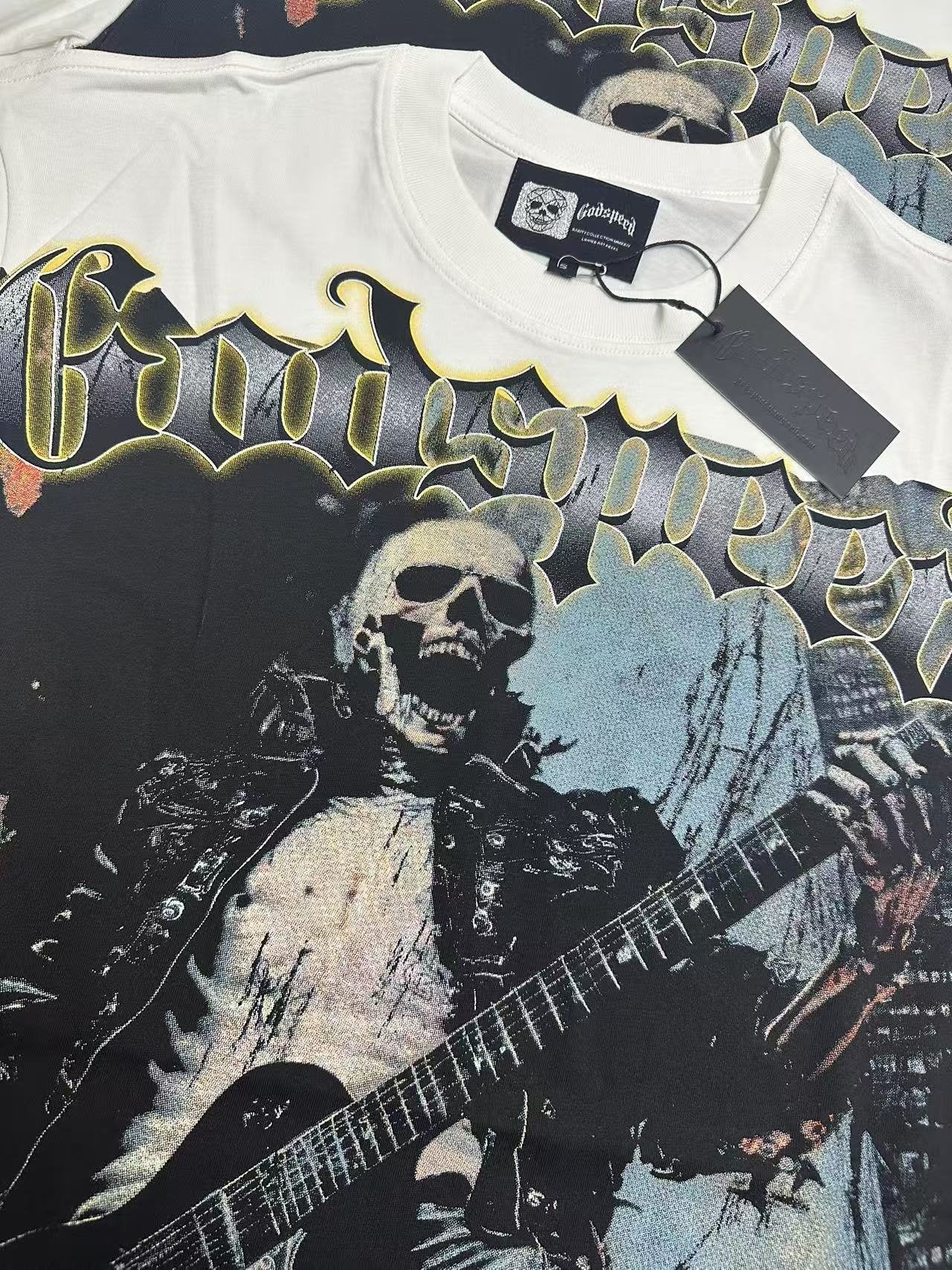 Godspeed Death Before Dishonor Skeleton Guitar Short-Sleeve T-Shirt — hang_tag