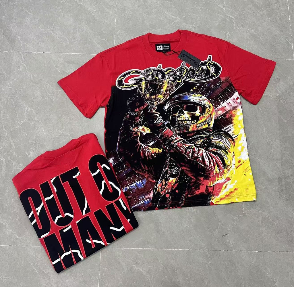 Godspeed Red Racing Skull Graphic T-Shirt — context