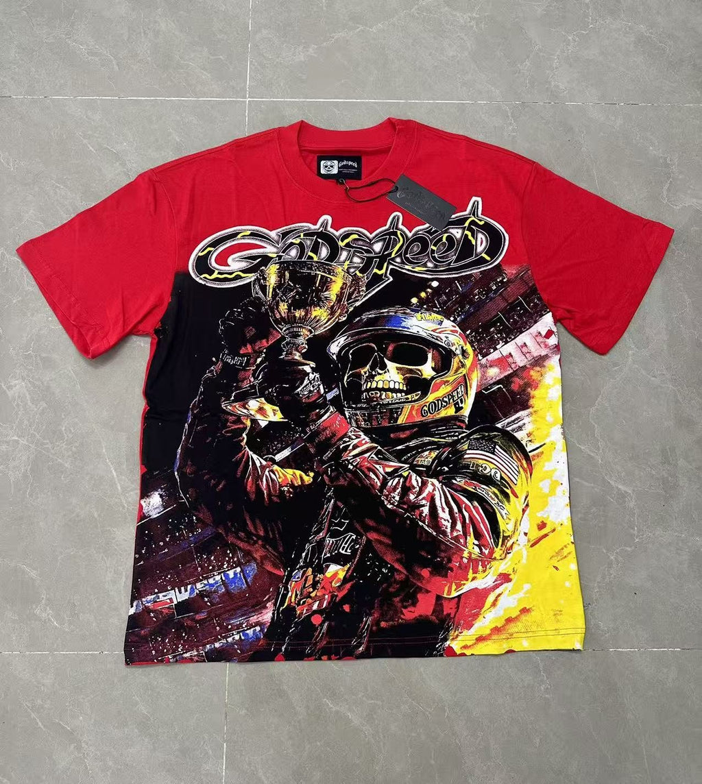 Godspeed Red Racing Skull Graphic T-Shirt — front