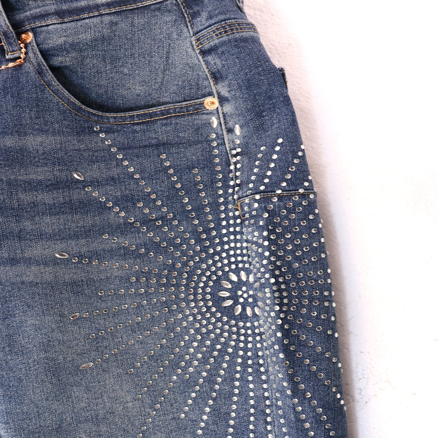 PURPLE Rhinestone Burst Denim Shorts — detail