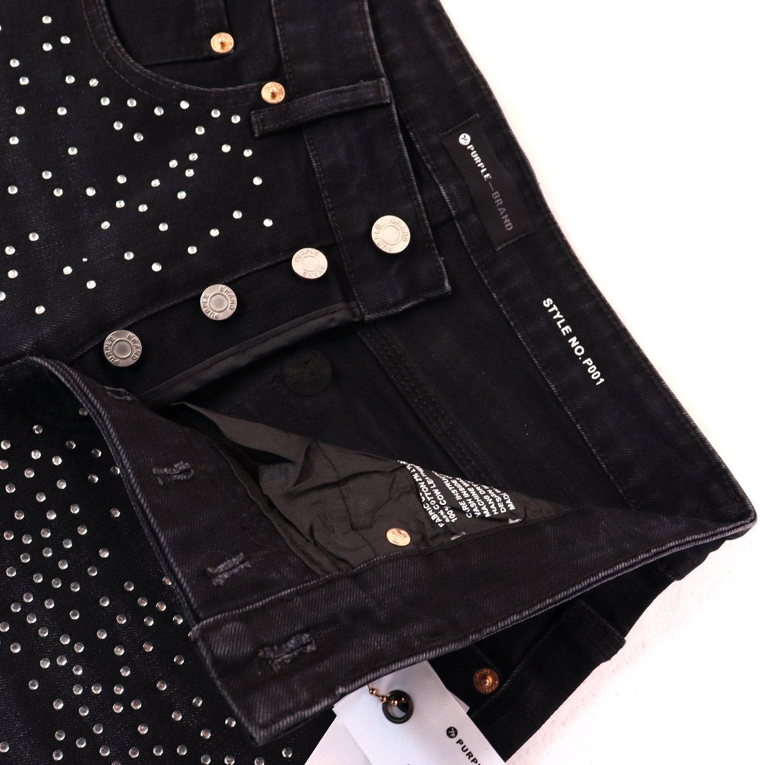 PURPLE Rhinestone Bow Cross Denim Shorts — detail