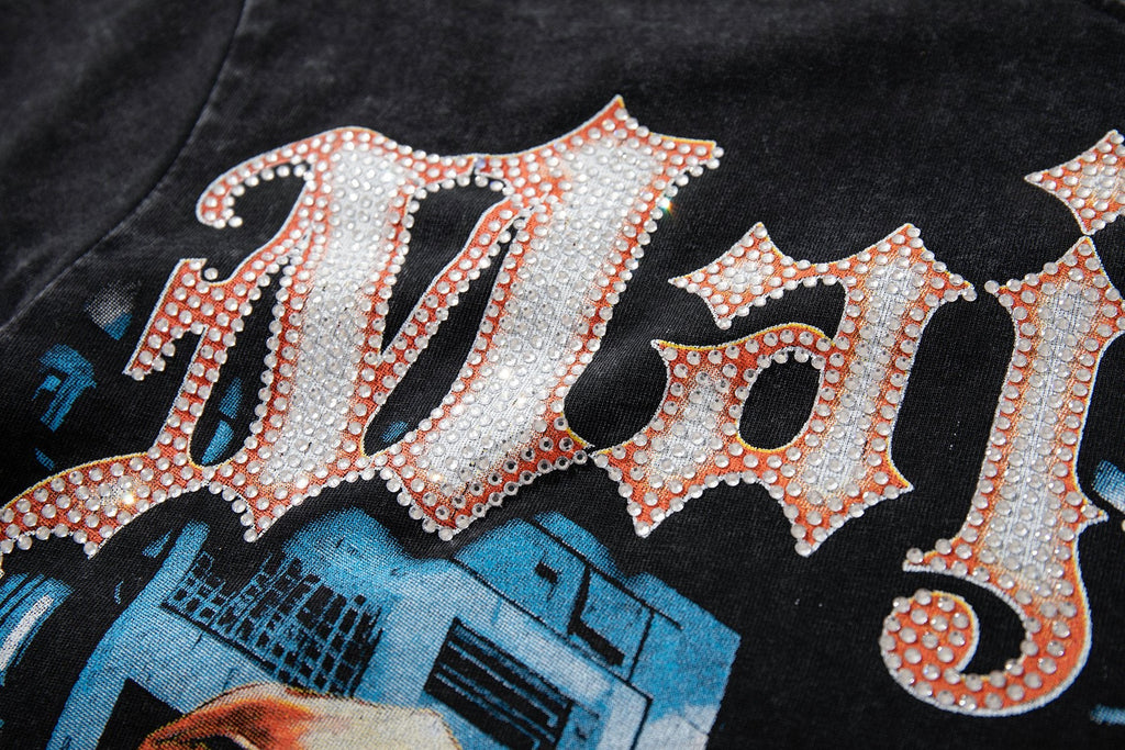 MAJESTIK Washed Black Rhinestone Graphic T-Shirt — detail