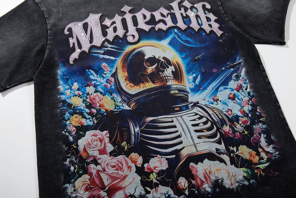 MAJESTIK Washed Black Astronaut Rose Graphic T-Shirt — detail