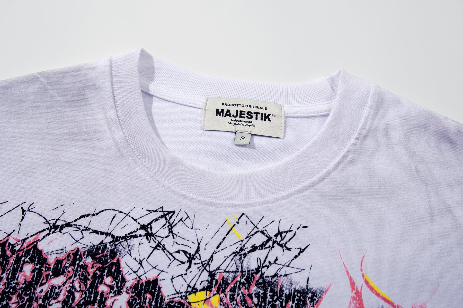 MAJESTIK Distressed Rhinestone Graphic T-Shirt — neck_label