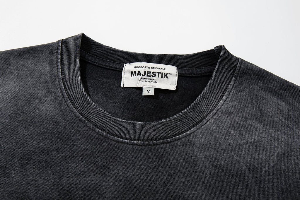 MAJESTIK Washed Black Distressed Graphic T-Shirt — neck_label