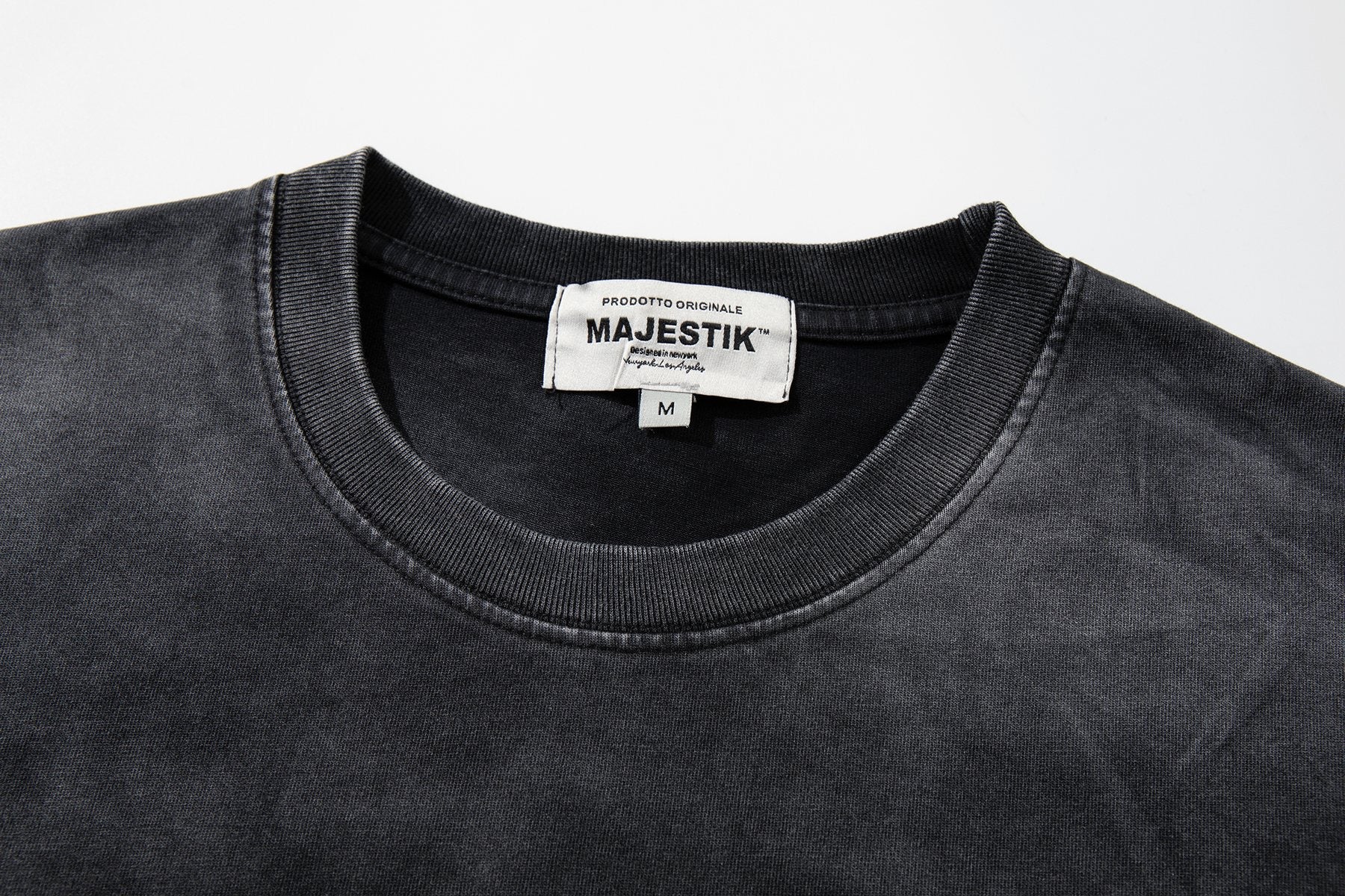 MAJESTIK Washed Black Distressed Graphic T-Shirt — neck_label