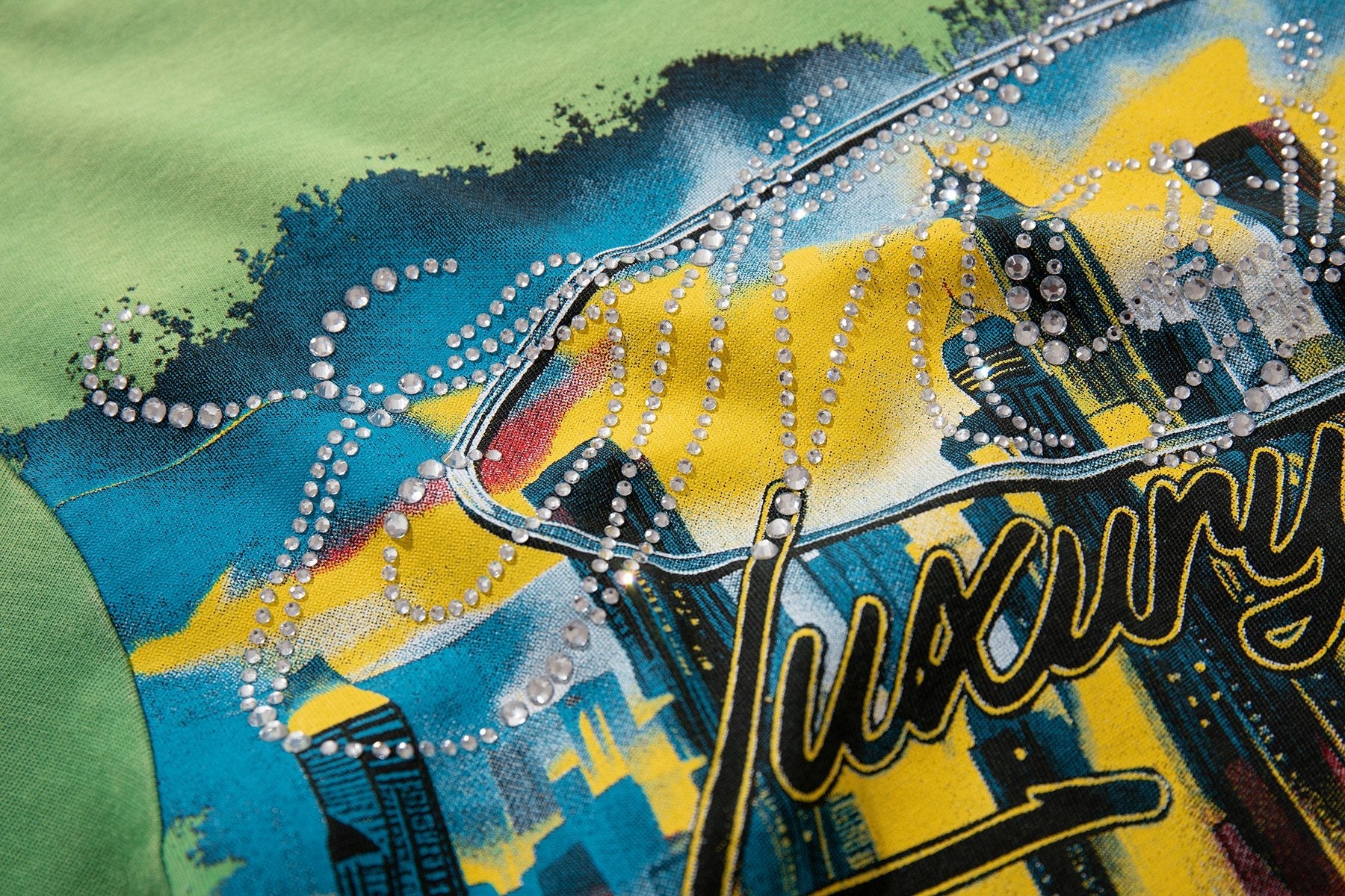 MAJESTIK Green Distressed Tour Graphic T-Shirt — detail