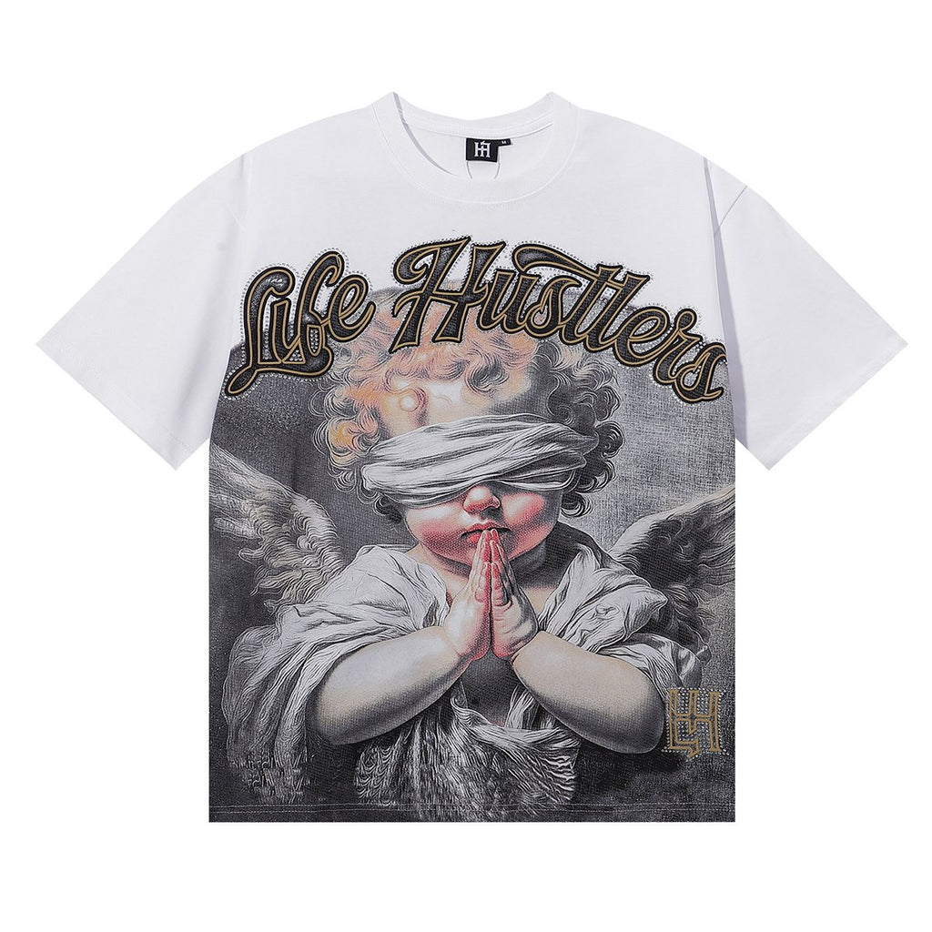 Life Hustlere Praying Angel Rhinestone Graphic T-Shirt — front