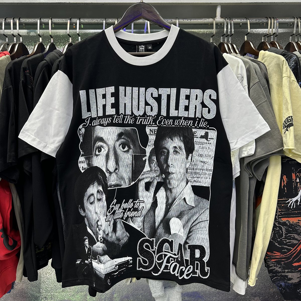 Life Hustlere Scarface Portrait Graphic Color-Block T-Shirt — context