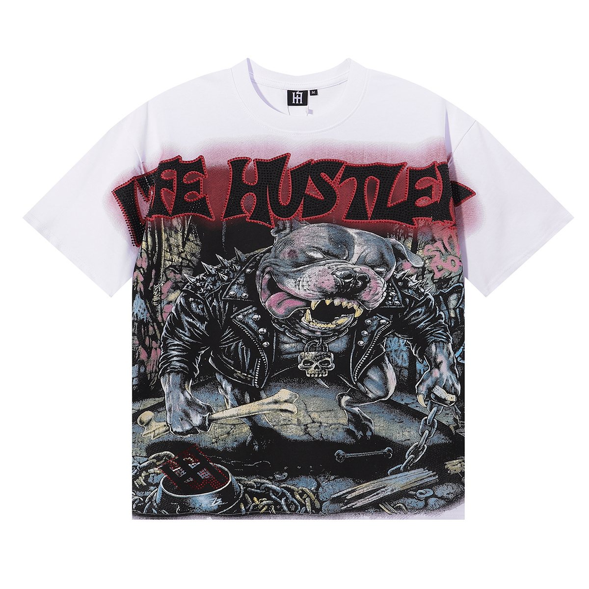Life Hustlere Angry Pitbull Rhinestone Graphic T-Shirt — front