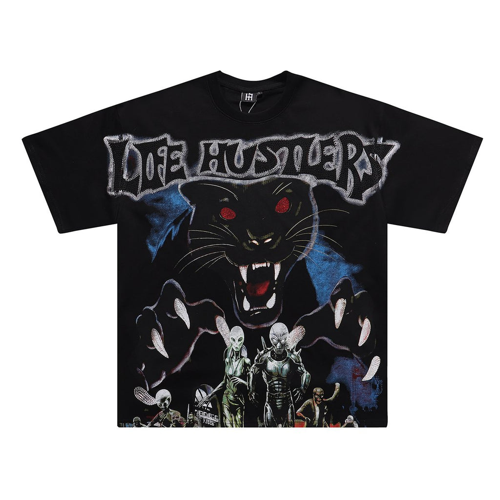 Life Hustlere Rhinestone Panther Graphic T-Shirt — front