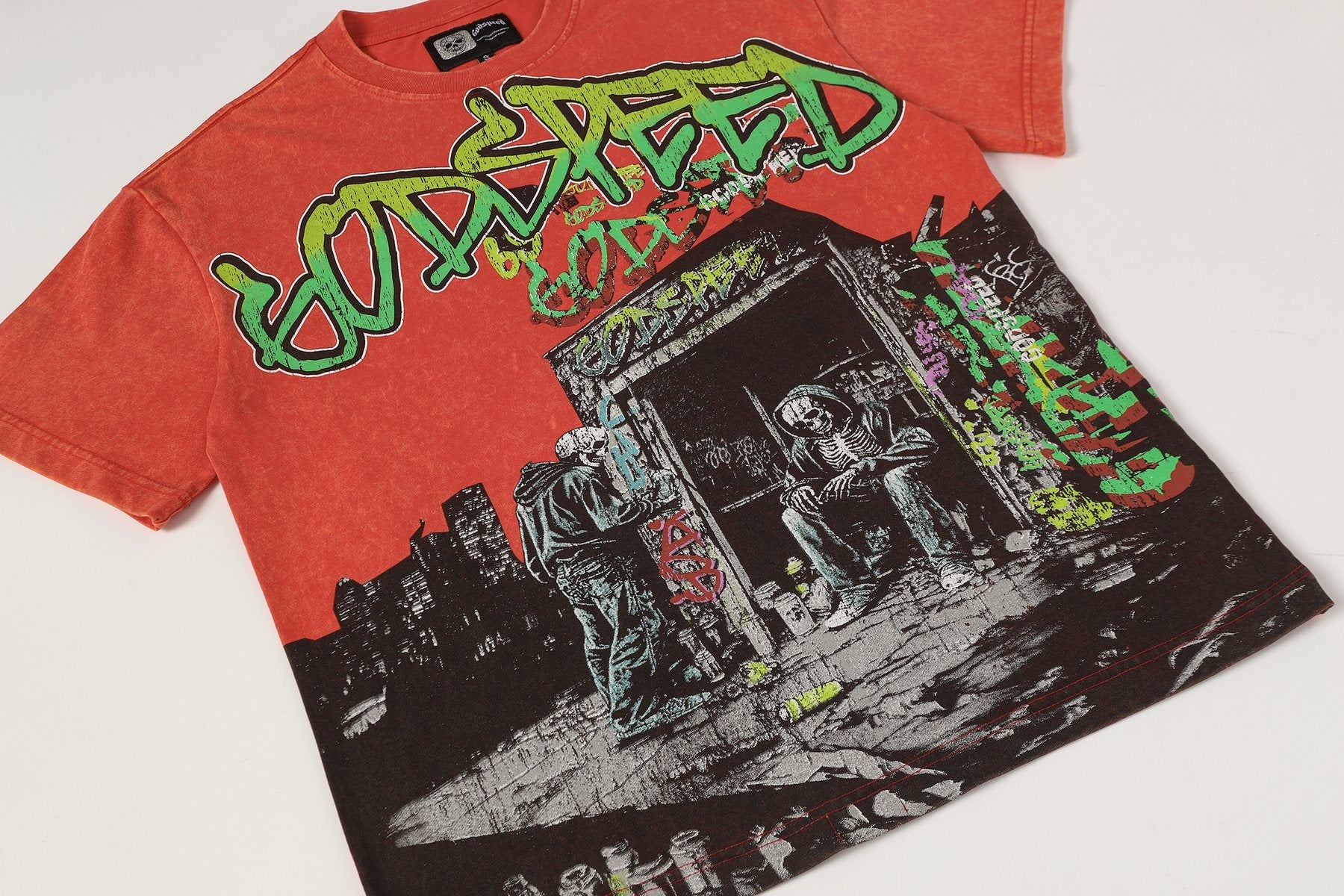 Godspeed Washed Red Skeleton Graphic T-Shirt — front