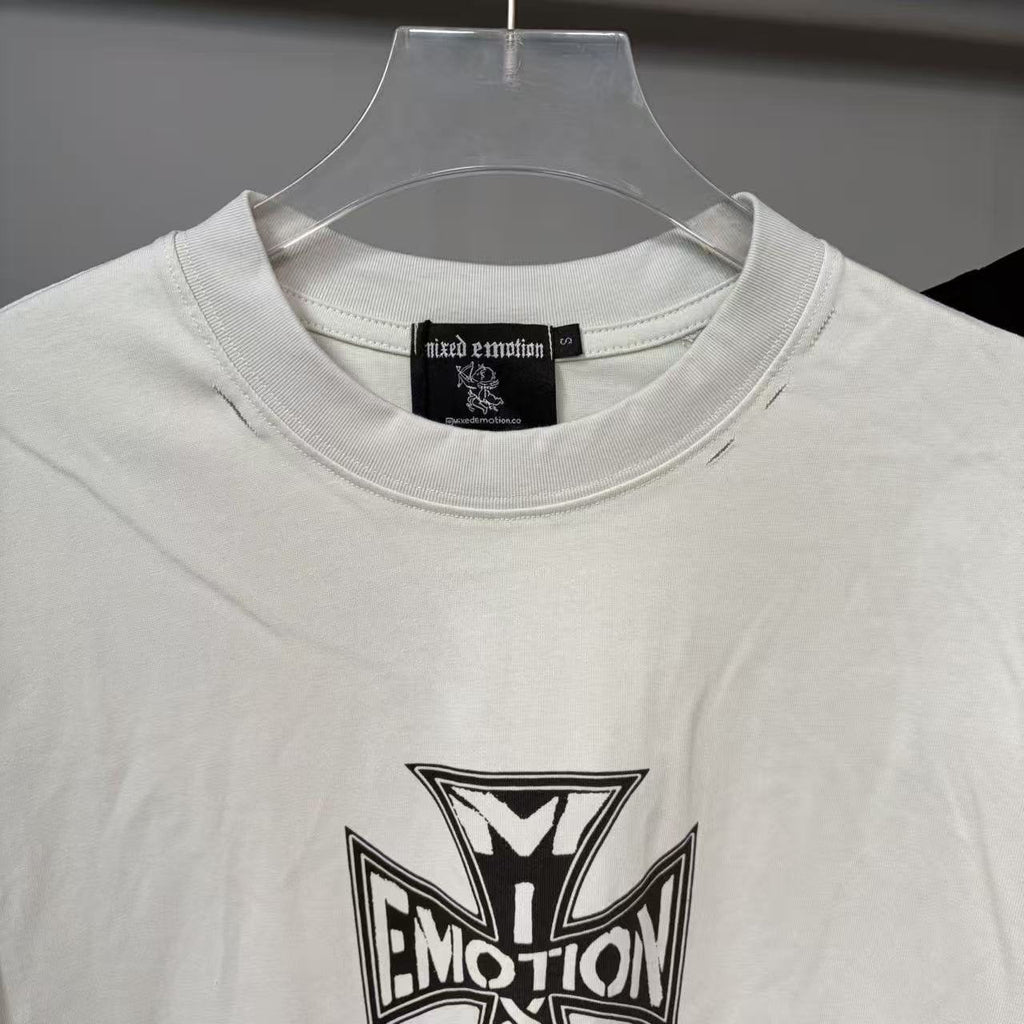 MIXED EMOTION Cross Graphic Distressed T-Shirt — neck_label