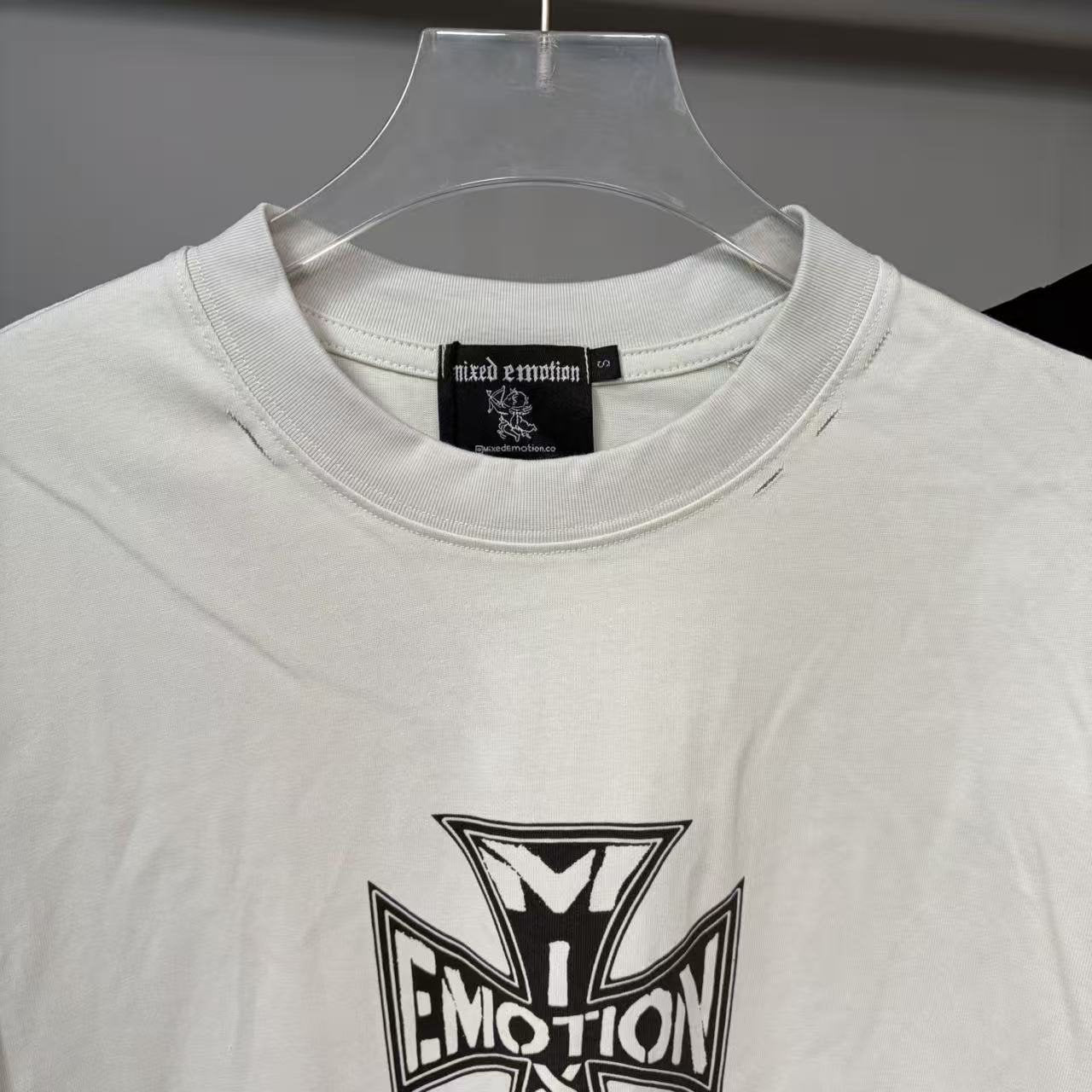 MIXED EMOTION Cross Graphic Distressed T-Shirt — neck_label