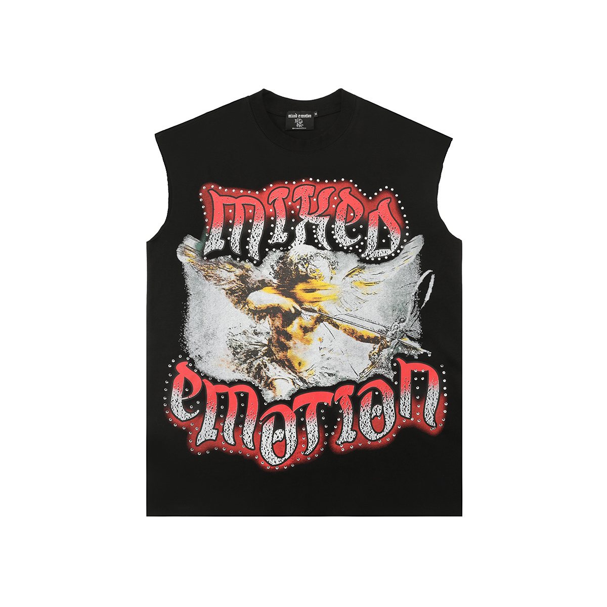 MIXED EMOTION Gothic Rhinestone Sleeveless Graphic T-Shirt — front