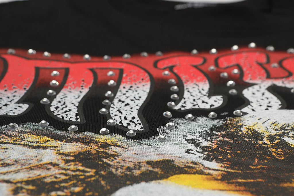 MIXED EMOTION Gothic Rhinestone Sleeveless Graphic T-Shirt — detail