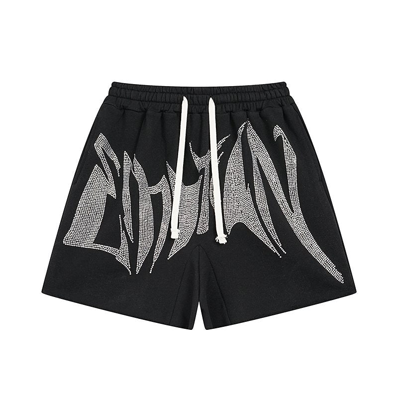 MIXED EMOTION Rhinestone Graphic Raw-Hem Shorts — hero