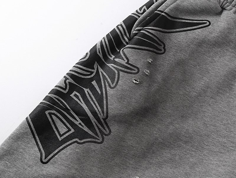 MIXED EMOTION Distressed Side-Graphic Sweat Shorts — detail