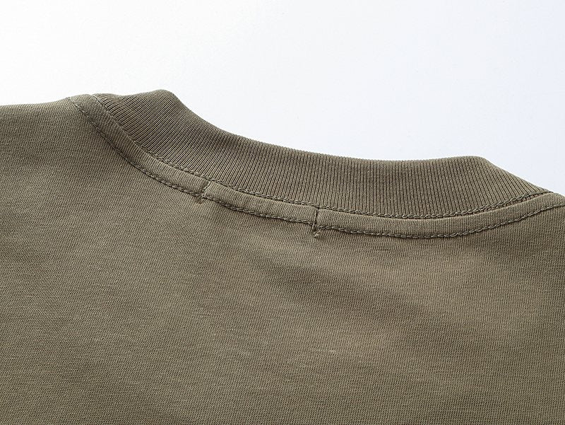 MIXED EMOTION Olive Khaki Front-and-Back Graphic T-Shirt — detail