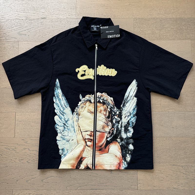 MIXED EMOTION Angel Graphic Zip-Front Short-Sleeve Shirt — front