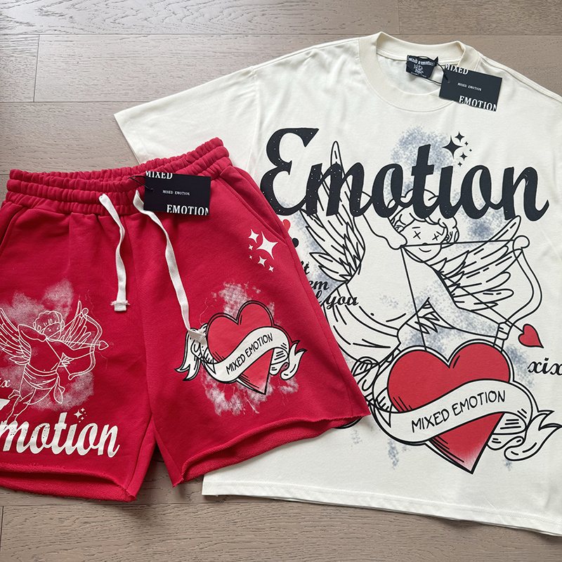 MIXED EMOTION White/Red Graphic T-Shirt & Shorts Set — front