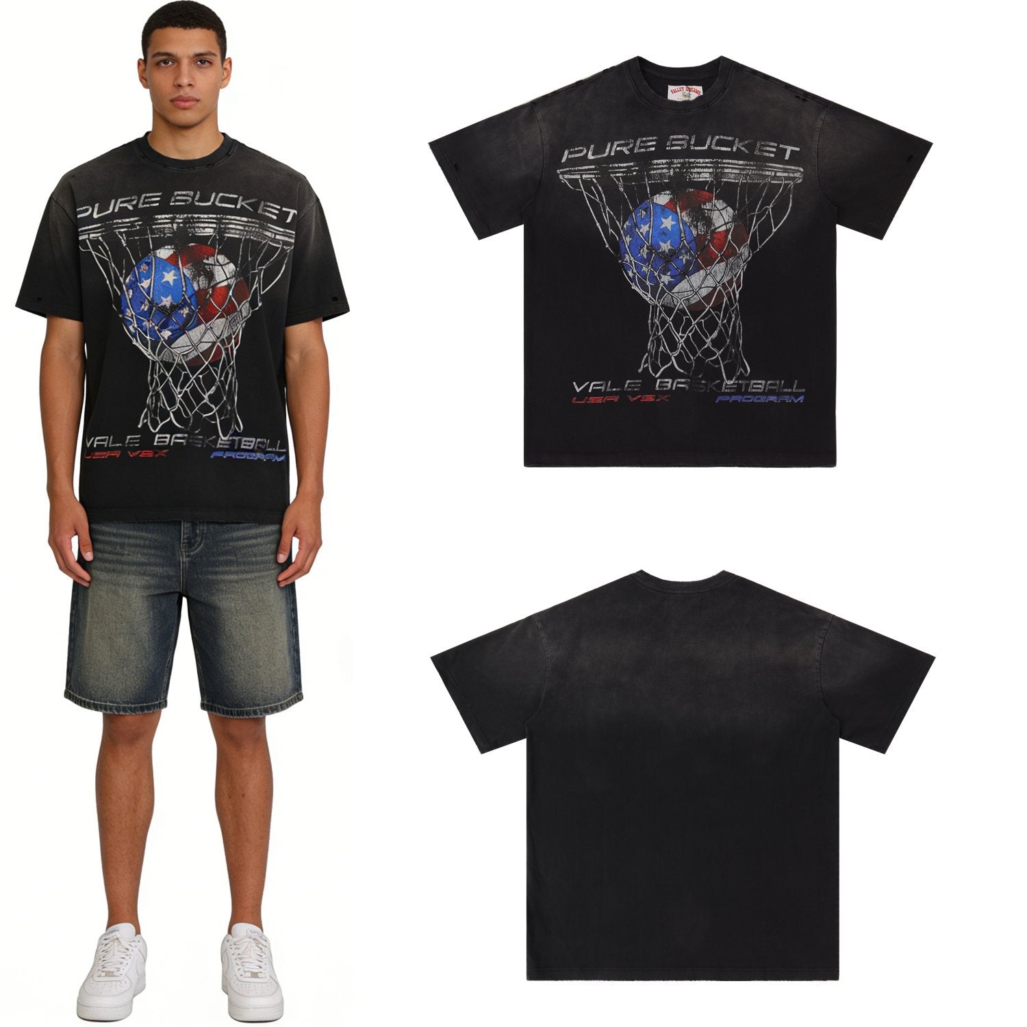 Valley Dreams Washed Black Basketball Graphic T-Shirt — context