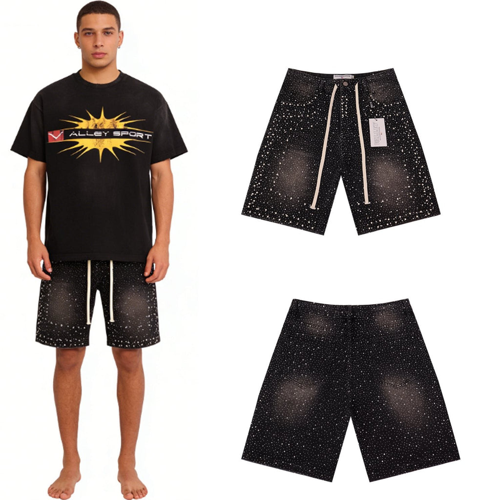 VALE Pearl-Studded Washed Denim Shorts — context