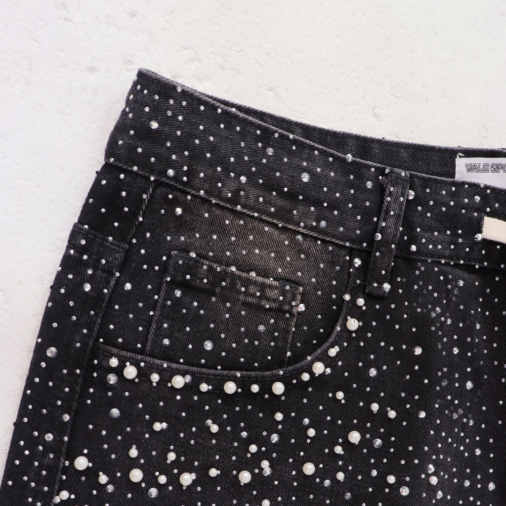 VALE Pearl-Studded Washed Denim Shorts — detail
