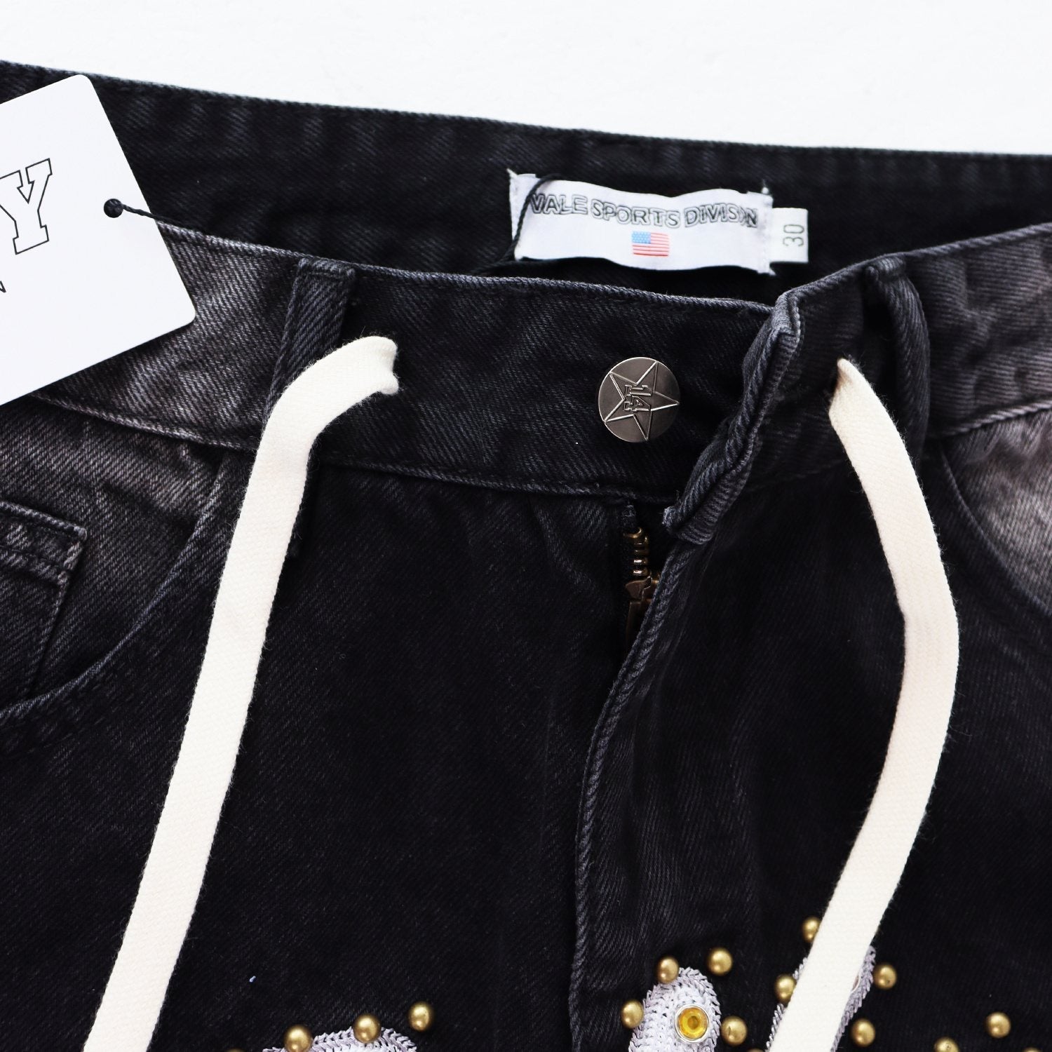 VALE Sports Division Embellished Wide-Leg Jeans — hang_tag