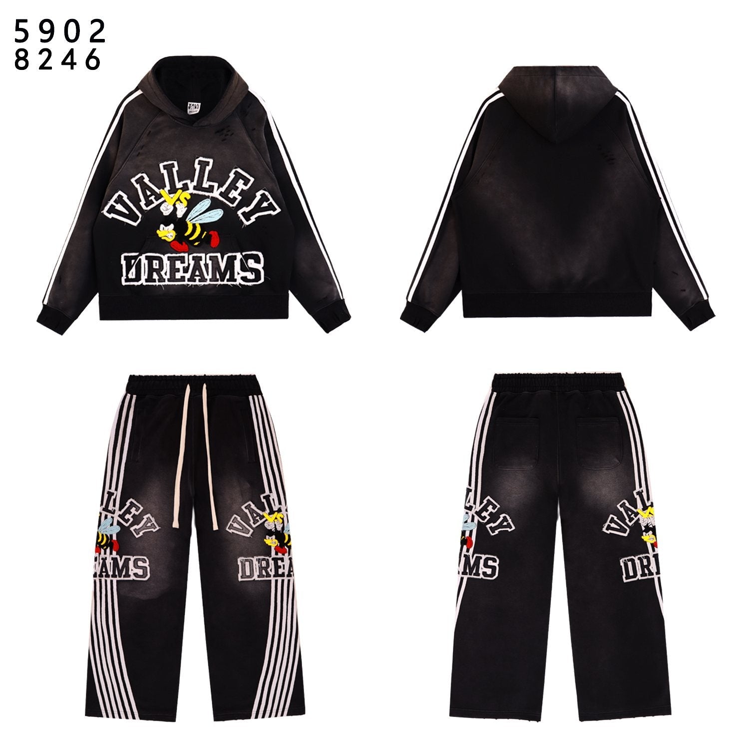 VALE USA Bee Embroidered Striped Hoodie & Sweatpants Set — front