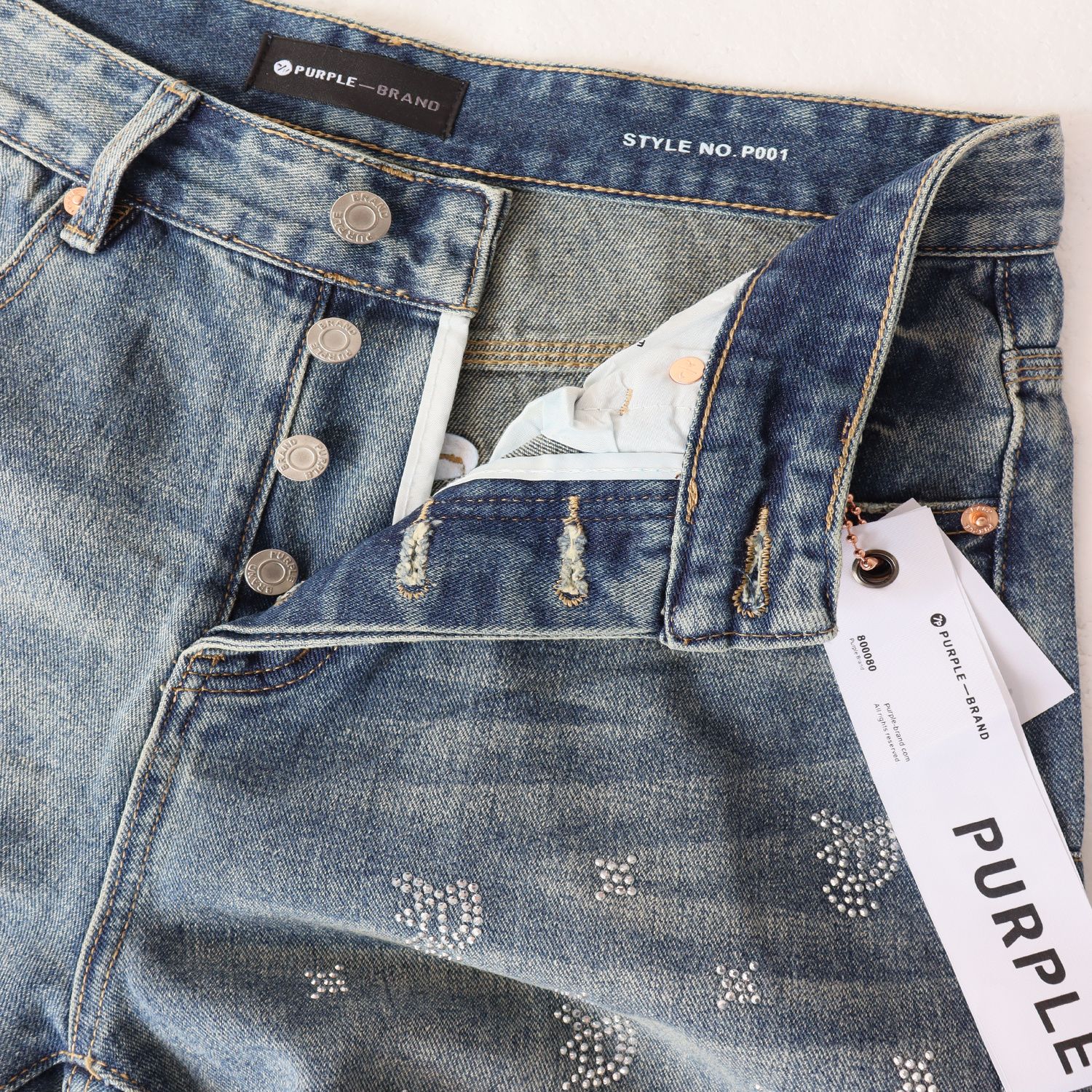 PURPLE Rhinestone Raw-Hem Denim Shorts — detail