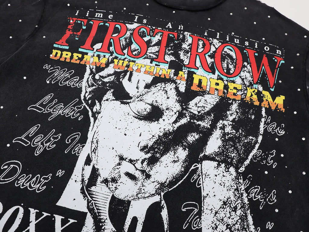 FIRST ROW Lost Utopia Illusion Cropped Graphic T-Shirt — detail