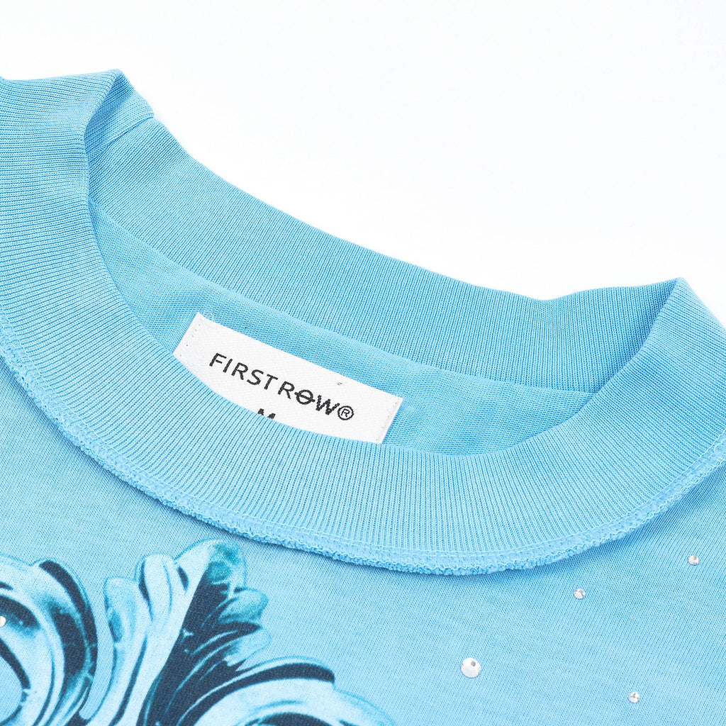 FIRST ROW Sky Blue Rhinestone Front & Back Graphic T-Shirt — neck_label