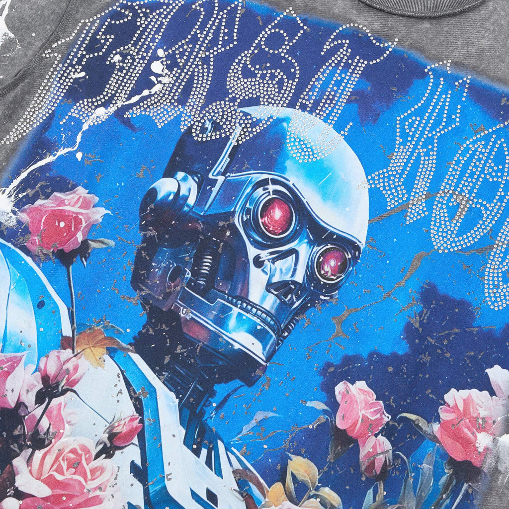 FIRST ROW Washed Grey Front & Back Graphic T-Shirt — detail