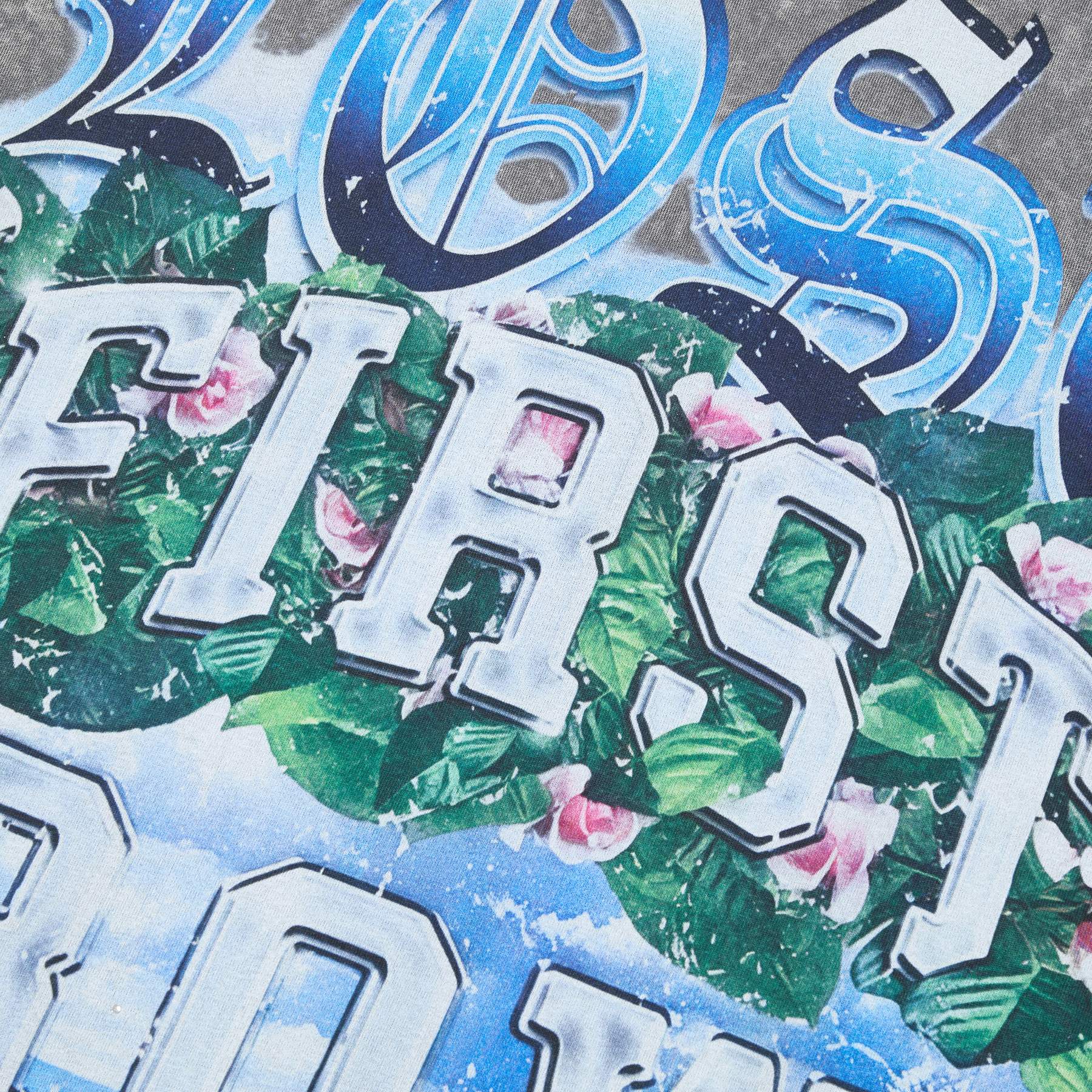 FIRST ROW Washed Grey Front & Back Graphic T-Shirt — detail