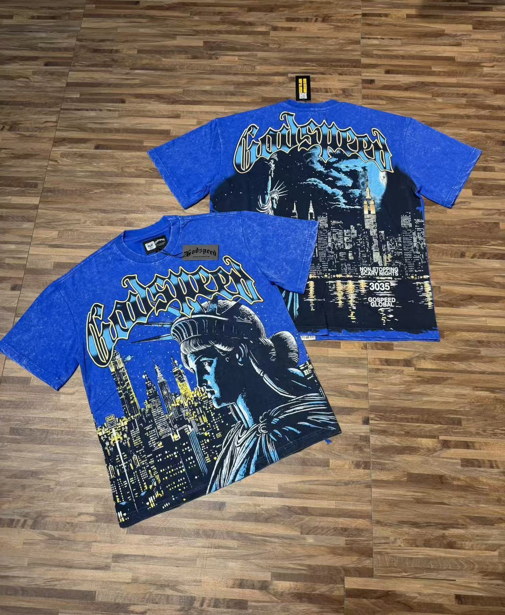 Godspeed Statue of Liberty Skyline Graphic T-Shirt — context