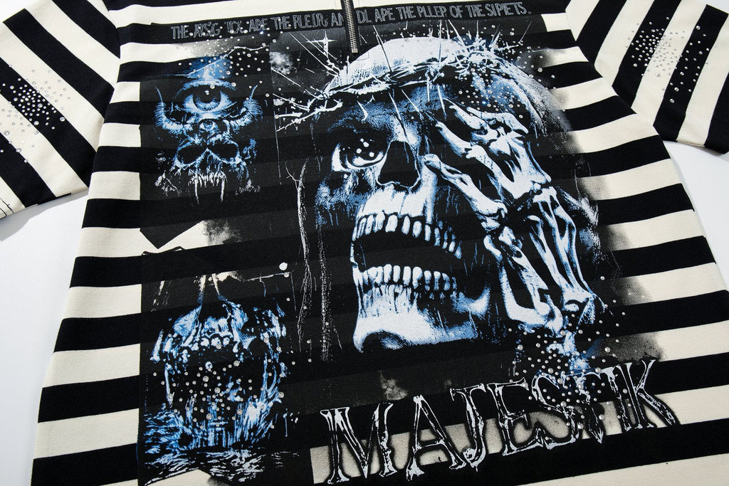 MAJESTIK Skull Graphic Striped Zip-Collar T-Shirt — detail