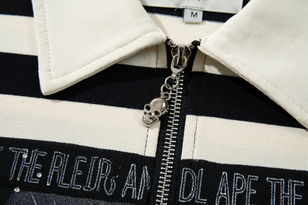 MAJESTIK Skull Graphic Striped Zip-Collar T-Shirt — detail