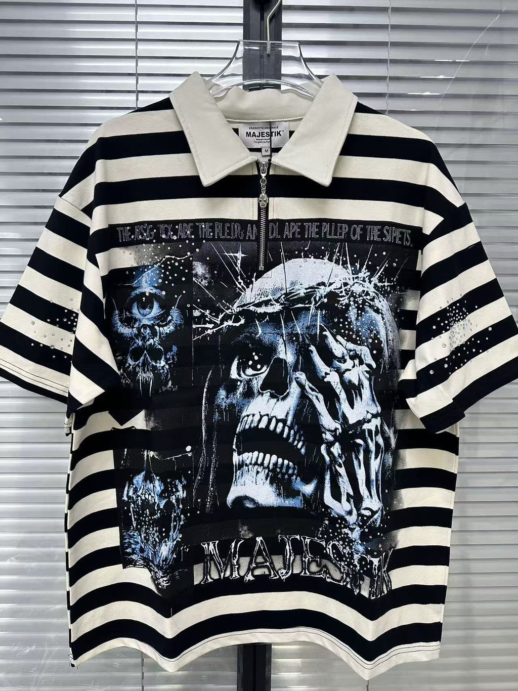 MAJESTIK Skull Graphic Striped Zip-Collar T-Shirt — context