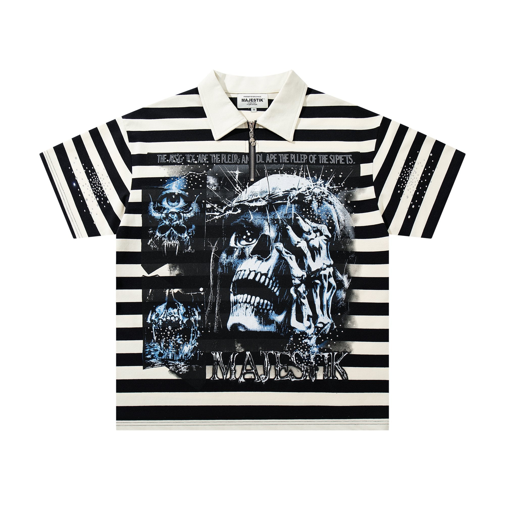 MAJESTIK Skull Graphic Striped Zip-Collar T-Shirt — hero