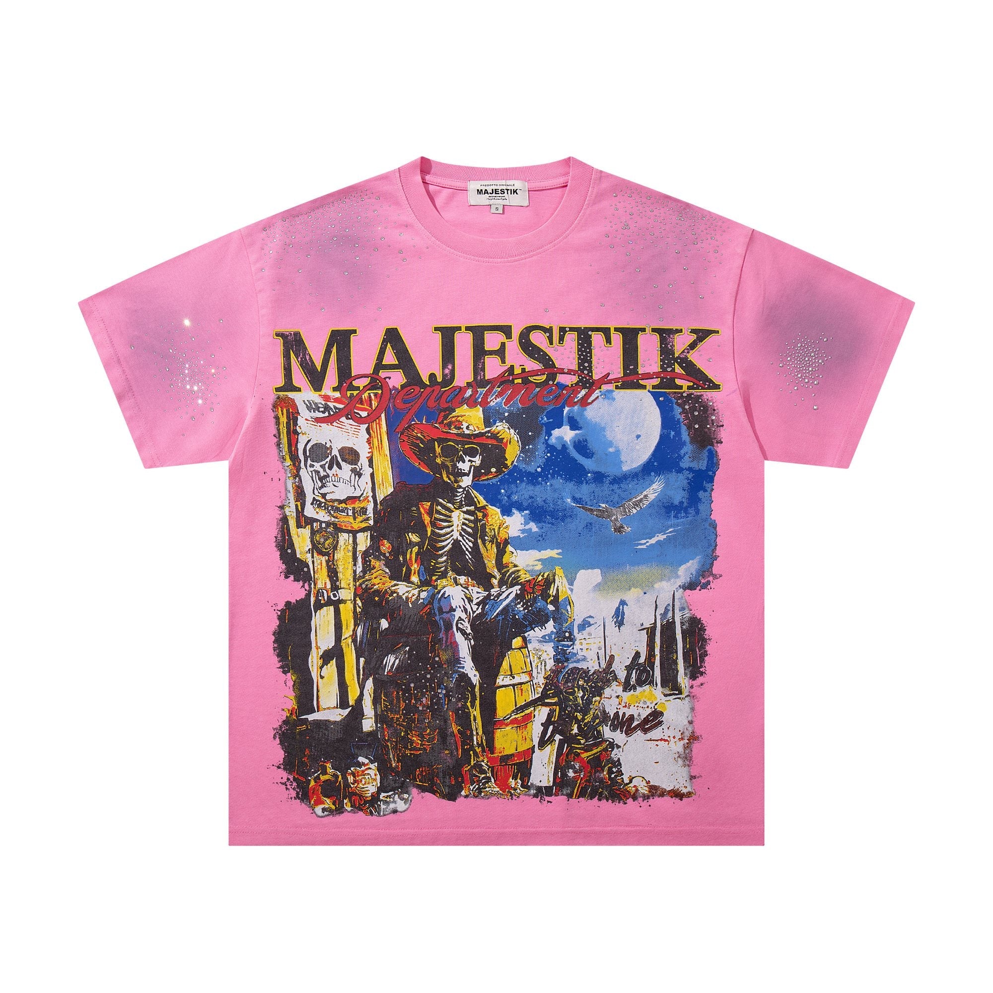 MAJESTIK Pink Rhinestone Distressed Graphic T-Shirt — hero