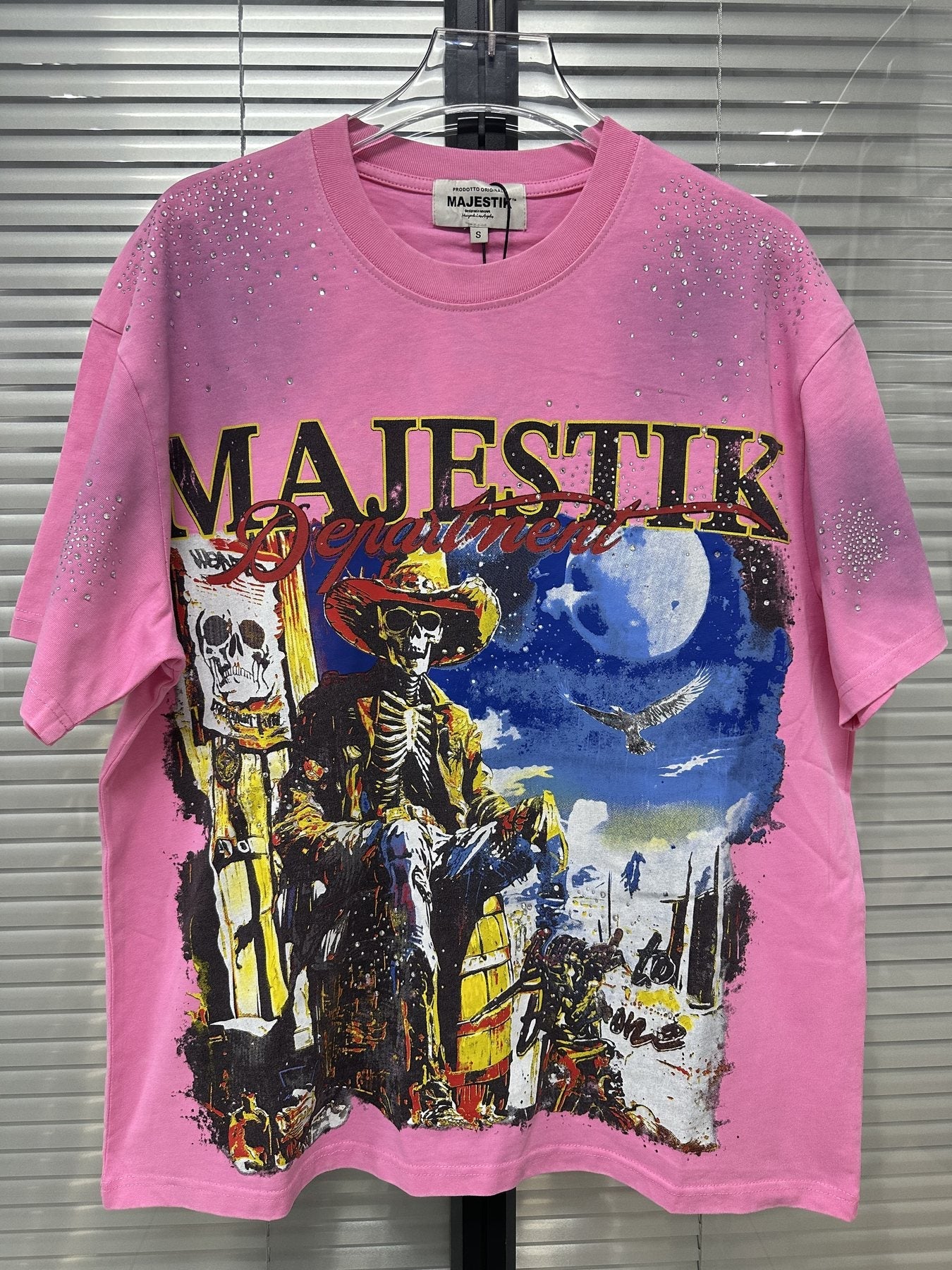 MAJESTIK Pink Rhinestone Distressed Graphic T-Shirt — context