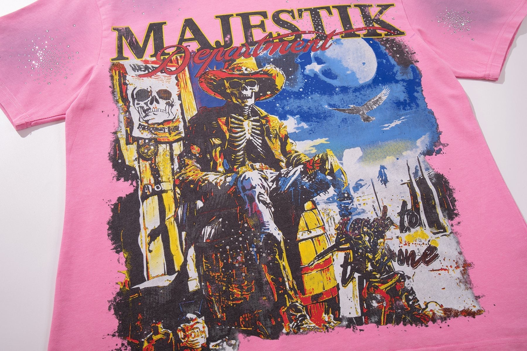 MAJESTIK Pink Rhinestone Distressed Graphic T-Shirt — front