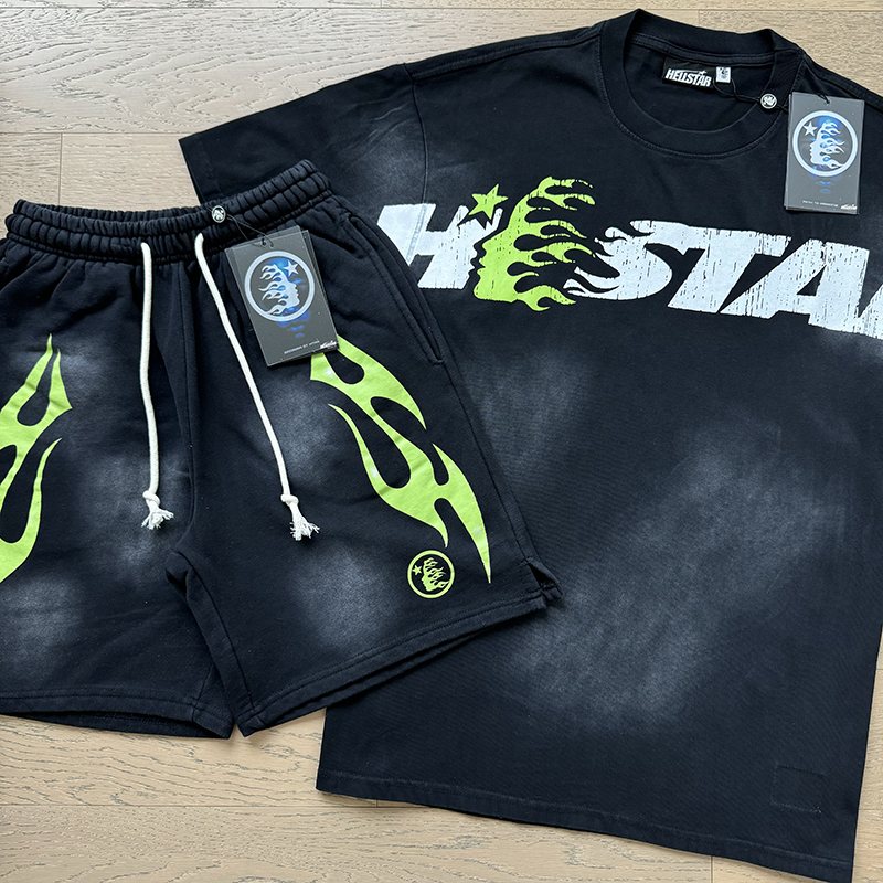 Hellstar Green Flame Graphic T-Shirt and Shorts Set — context