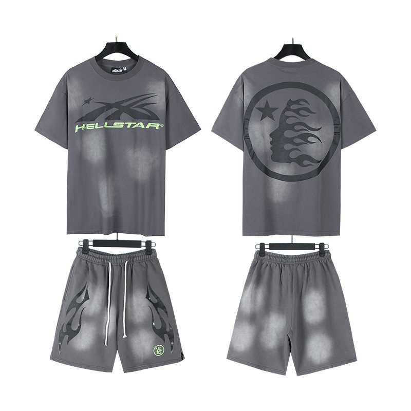 Hellstar Circle Flame T-Shirt & Shorts Set - Gray — front