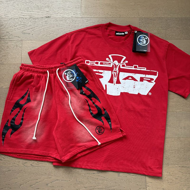 Hellstar Airplane Graphic T-Shirt & Shorts Set - Red — front