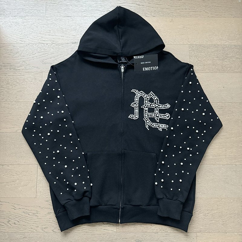 MIXED EMOTION Rhinestone Graphic Zip Hoodie & Sweatpants Set — front